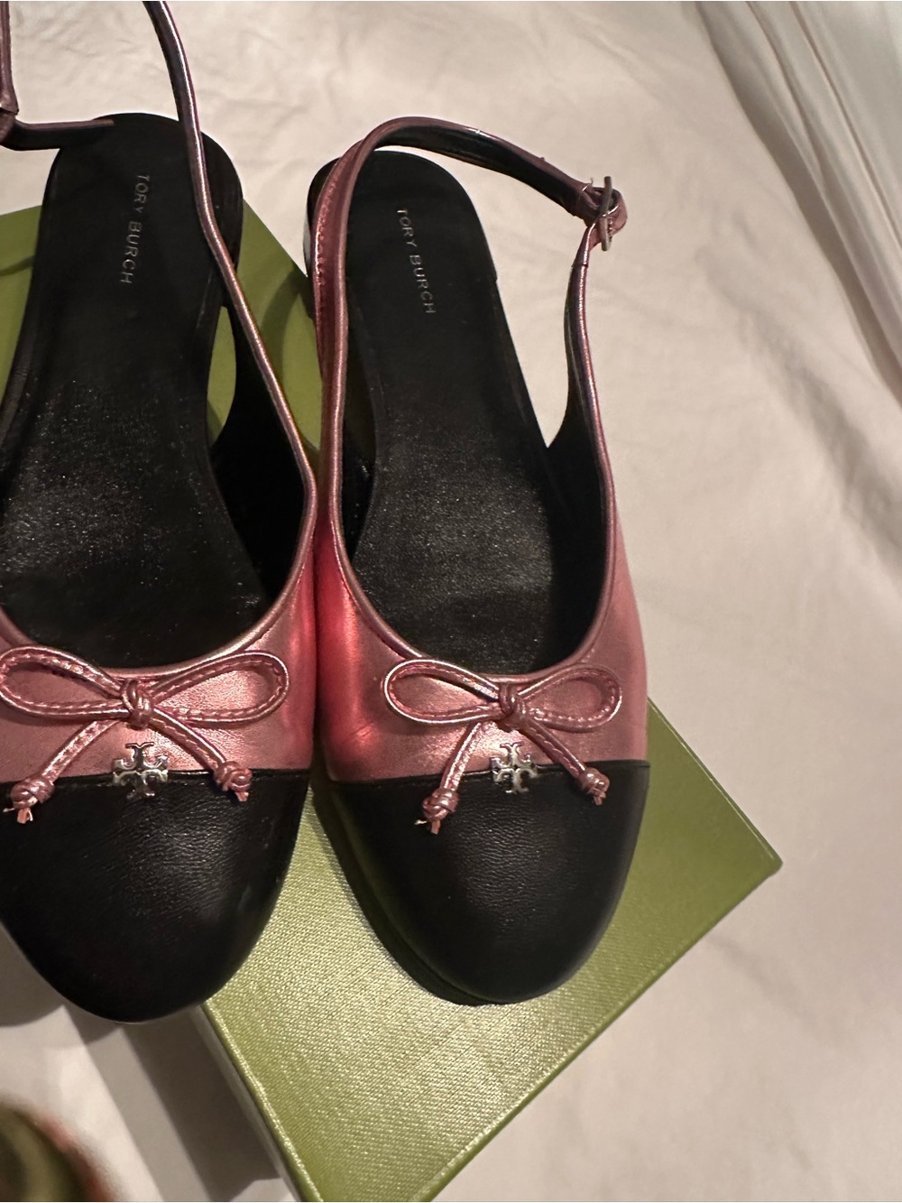 Tory Burch Pink Metallic and Black Slingback Flats - Picture 3 of 4
